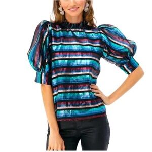 HUNTER BELL Stella Top Metallic Stripes Lightweight Puff Sleeves Ruffle Neckline